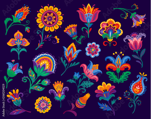 Mexican flowers and plants with ornament patterns. Vector floral designs feature folk embroidery motifs and ethnic decorative elements for fiesta graphics, Latin celebration and Mexican party