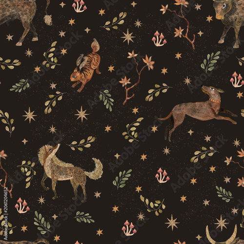 Fotografija Minimalist dark academia seamless pattern with watercolor medieval mystical animals and stars