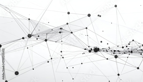 Abstract network design of interconnected spheres and lines, grayscale against a white background