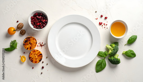 Overhead view of a white plate surrounded by assorted fresh food ingredients on a white surface