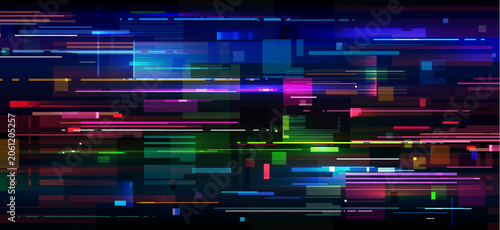 Rainbow lines game screen glitch effect background. Video game digital pixel noise, analog TV static and no signal error texture background with glitched neon color lines and broken pixel pattern