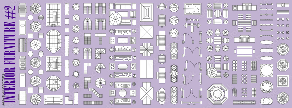 Fototapeta premium Garden interior and furniture top view floor plan icons. Outdoor interior and landscape design thin line elements of patio and lounge zone furniture, building, pool and plants floorplan top view icons