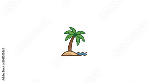 Simple cartoon palm tree on a small island with blue ocean waves, isolated on white background.