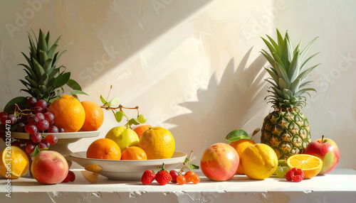Still life of fresh fruits under sunlight on a white surface, creating shadows