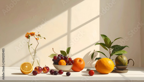 Still life of fruits & flowers, with window light & shadows on a white surface