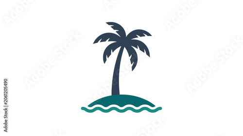 Minimalist Palm Tree Island Icon with Ocean Waves - Vector Graphic