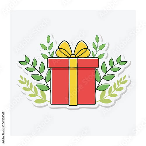 Red gift box with yellow bow and green leaves illustration