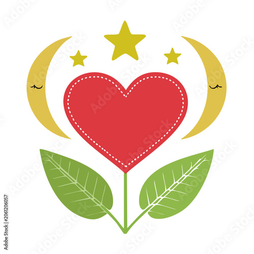 Red heart with green leaves and yellow moons illustration