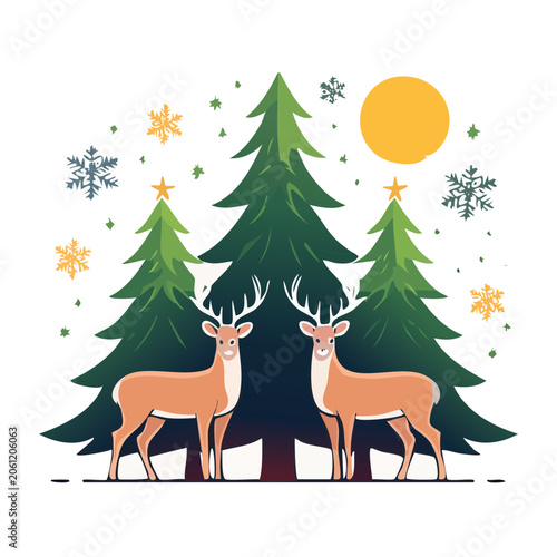 Two deer in a winter forest with Christmas trees and snowflakes