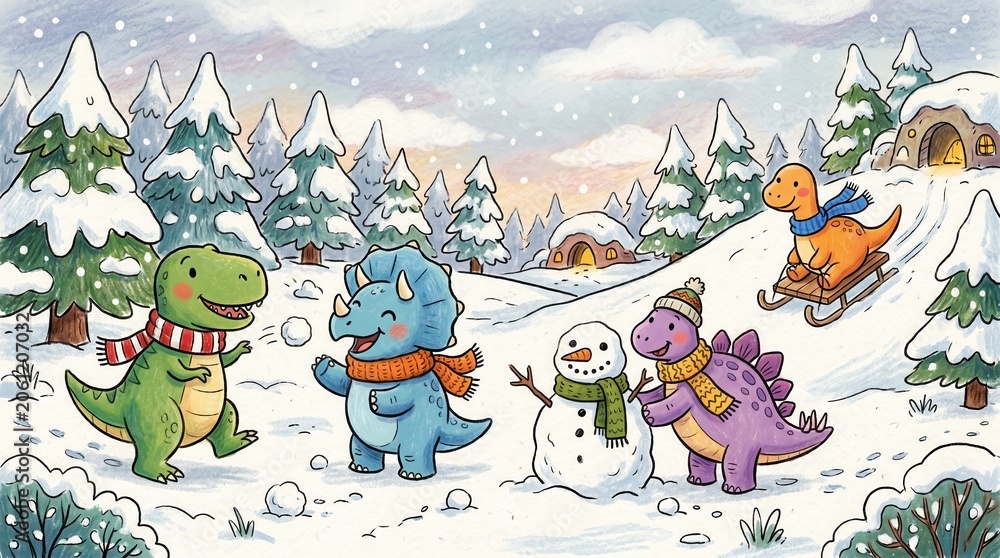 Fototapeta premium Cute dinosaurs play snowballs, build a snowman, and sled a snowy hill on a winter day