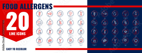 Allergen free food icons, allergy ingredient line pictograms, showing gluten, peanut, shellfish, dairy and egg, soy, mustard and sesame triggers for menu labels, packaging and dietary information