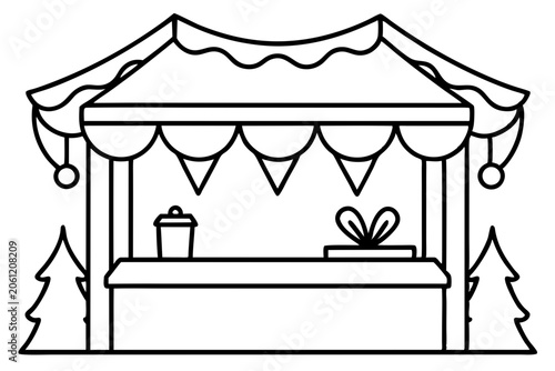Festive Christmas Market Stall Line Art Vector