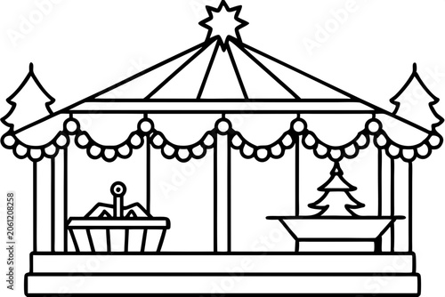 Festive Christmas Market Stall Line Art Vector