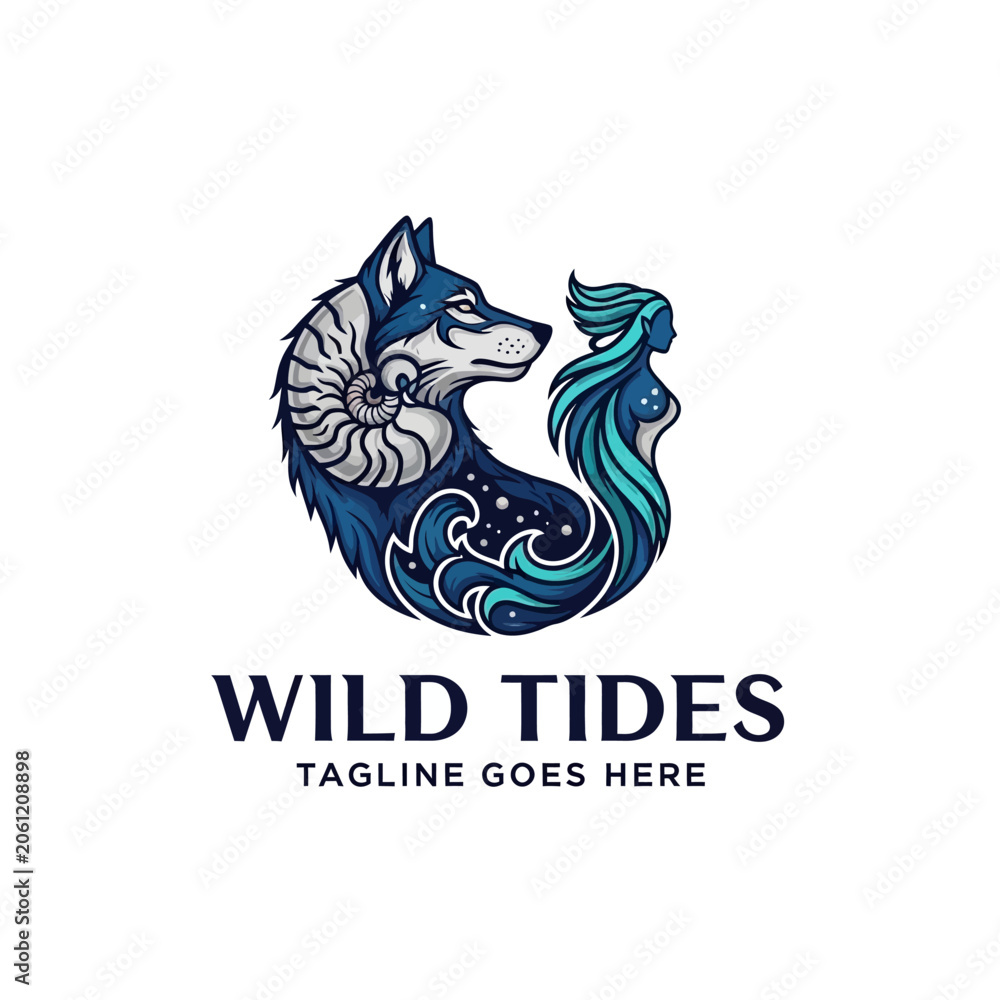 Fototapeta premium Artistic fusion of a wild wolf and a flowing ocean wave with stars, suitable for creative branding, tattoo design, or fantasy themes.