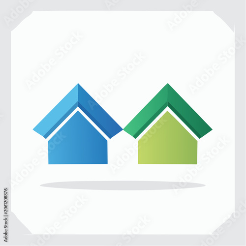Two stylized houses, blue and green, side by side