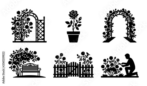 Garden Silhouettes: Rose Arbors, Bench, Potted Rose, Gardener, Fence