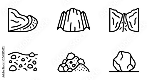 Fotografie Geological Formations Icons, Rock Layers, Erosion, Landslides Vector Set