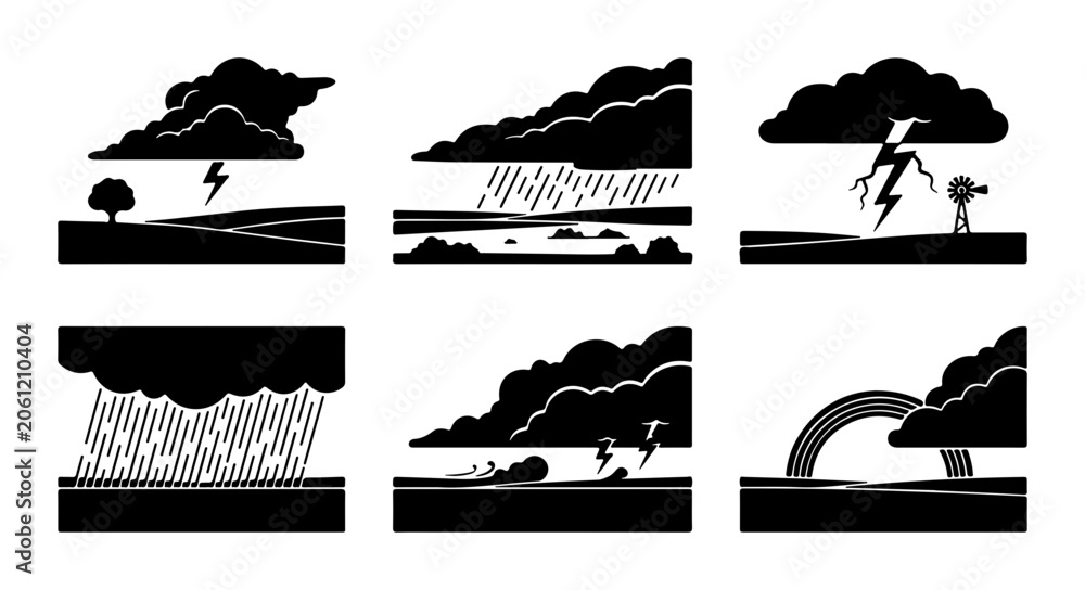 Fototapeta premium Weather Icons Set: Storms, Rain, Lightning, Rainbow, Clouds
