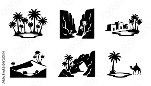 Obraz na płótnie Desert Oasis Vector Icons, Palm Trees, Camel, Architecture, Landscape Scenes