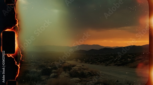 Vintage film burn overlay framing desert landscape at sunset with mountains dusty road cinematic wilderness atmosphere and retro photography effect