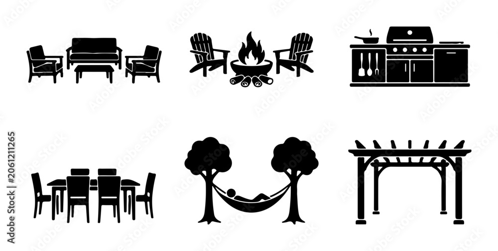Obraz premium Outdoor Living Icons: Patio Furniture, Grill, Fire Pit, Hammock, Pergola