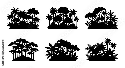 Jungle Silhouettes, Tropical Forest Scenes, Exotic Vegetation Icons