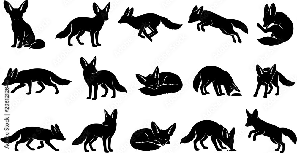 Obraz premium vector can editable Adorable fennec fox silhouettes highlighting iconic oversized ears and desert adaptations