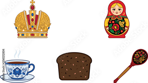 Photos Russian Culture and Tradition Icon Set Featuring Imperial Crown Matryoshka Nesti