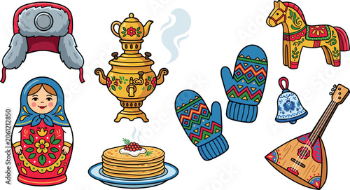 Εκτύπωση καμβά Russian Culture and Tradition Icon Set Featuring Matryoshka Doll Samovar Balalai