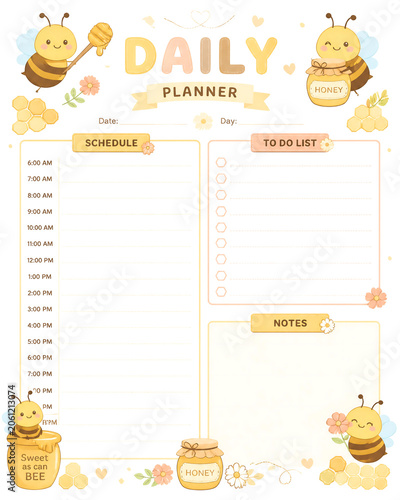 Bee Daily Planner with Honey Jar: A charming daily planner adorned with cute bees, honey jars, and floral elements, designed to help organize your schedule and tasks with a touch of sweetness.