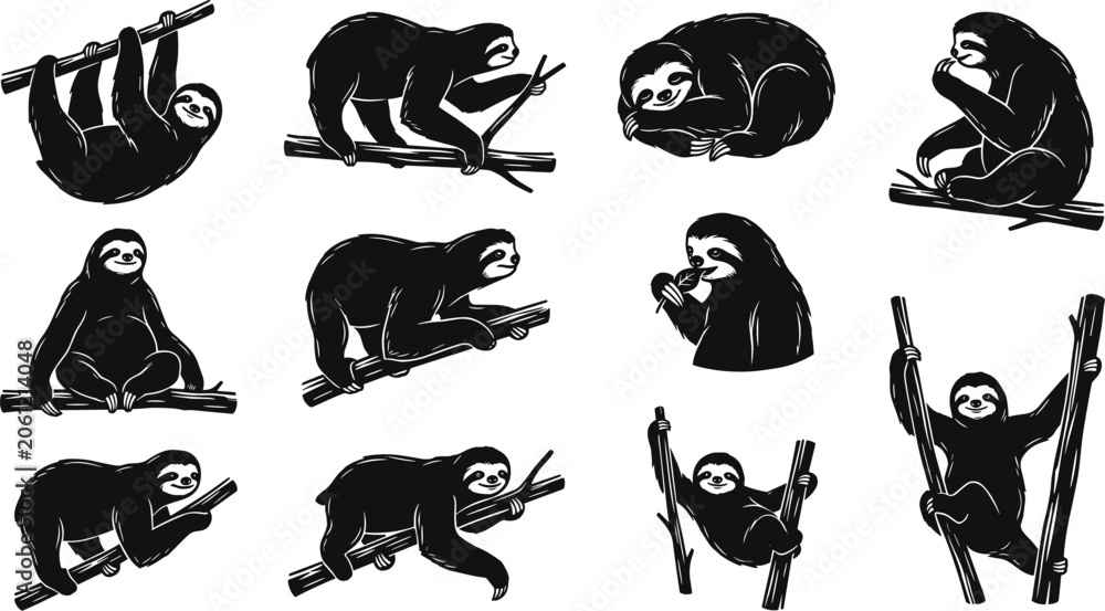 Fototapeta premium vector can editable Relaxed silhouette set of sloths hanging from branches and moving slowly through the canopy