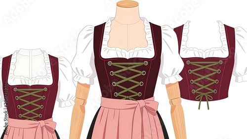 Traditional Austrian Dirndl dress costume mockup on a wooden mannequin