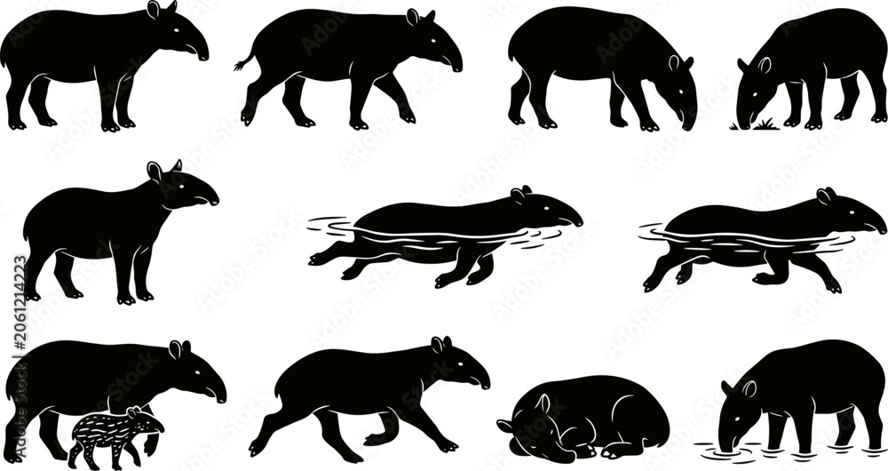 Obraz premium vector can editable Unique tapir silhouettes illustrating the distinctive proboscis and forest dwelling habits