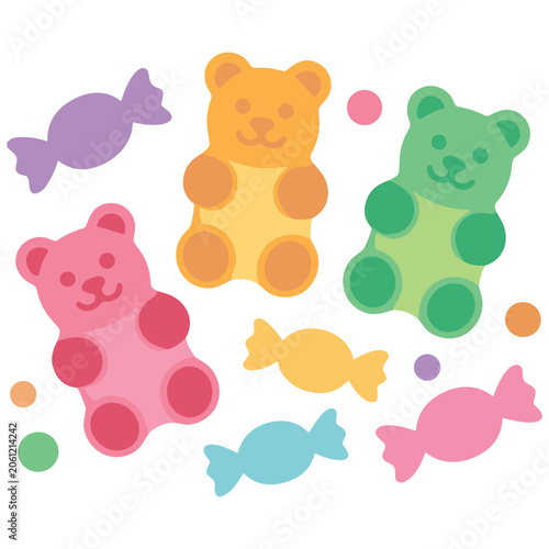 Fotografie Cute Gummy Bears Candy Clipart Vector, Kawaii Colorful Jelly Gelatin Gummy Bears