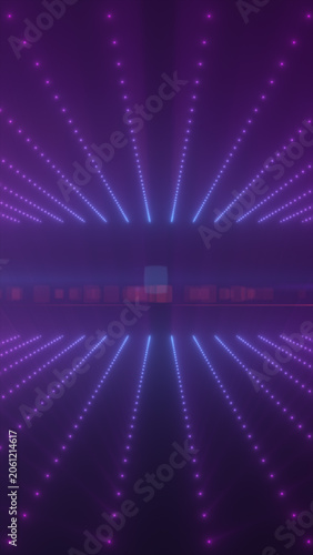 Fotografie Purple and blue dotted light rays receding toward a central horizon, creating a