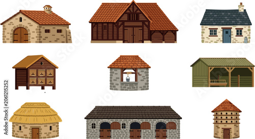 Traditional Historical Farm Buildings Flat Icon Set Featuring Wine Cellar Timber Barn Apiary Well House and Stable for Infographic Graphic Designs