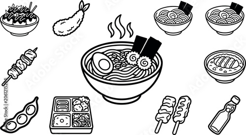 Bild auf Leinwand Traditional Japanese Food Outline Icon Set Featuring Hot Ramen Noodles Bento Box