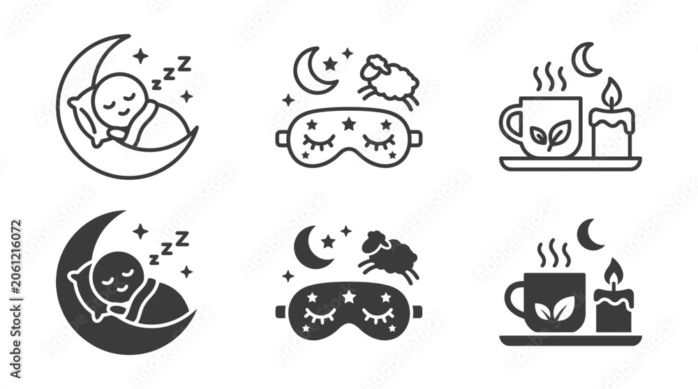 Fototapeta premium Bedtime and sleep related icons with smiling moon and stars sleeping illustration relaxation peaceful monochrome