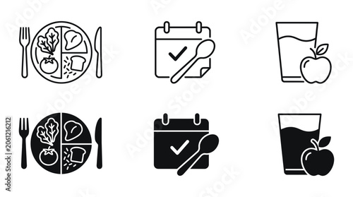 Healthy eating schedule and daily nutrition tracking icon set with nutrition schedule calendar tracking planning