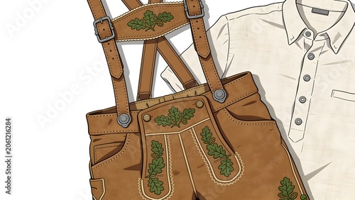 Flat lay vector illustration of traditional Austrian male Lederhosen leather apparel