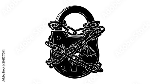 Photos Padlock with Chains Symbol: A dark, imposing padlock secured by thick, heavy chains, symbolizing security, restriction, or confinement
