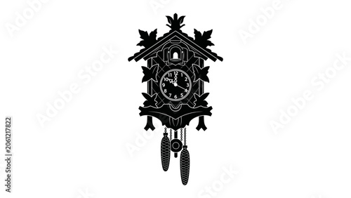 Obraz na płótnie Silhouette of a Cuckoo Clock: An ornate black silhouette of a traditional cuckoo clock, featuring intricate carvings, a clock face, and dangling pendulum and weights