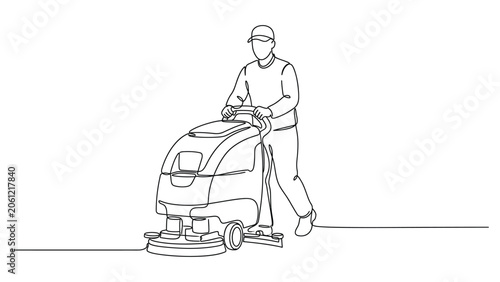 Man using industrial floor cleaning machine.