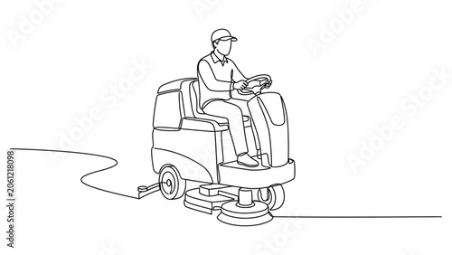 Man driving industrial floor cleaning machine.