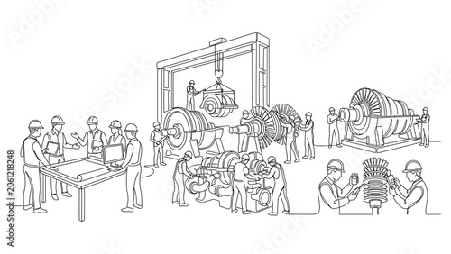 Industrial workers operating heavy machinery.