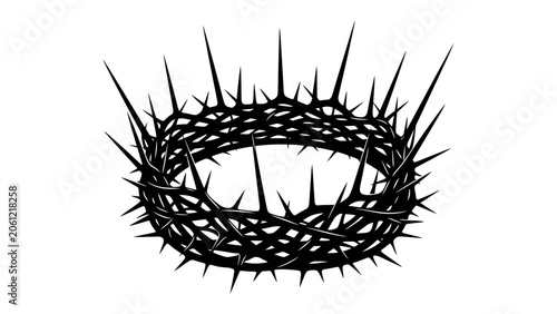 Photos Crown of Thorns: A stark and somber representation of a crown meticulously crafted from sharp, black thorns, symbolizing sacrifice, suffering, and religious devotion