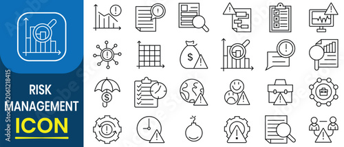 Risk Management icon set. Simple line art icon of analysis, plan, strategy, containing risk, hazard, threat, impact, mitigate and more. Vector illustration.