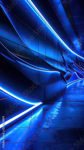 A futuristic hallway illuminated by bright blue neon lights.