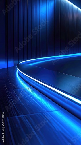 A sleek, futuristic interior illuminated by vibrant blue neon lighting.