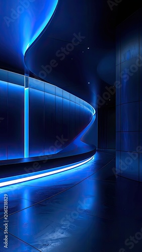 Sleek modern hallway with futuristic blue lighting and reflective surfaces.